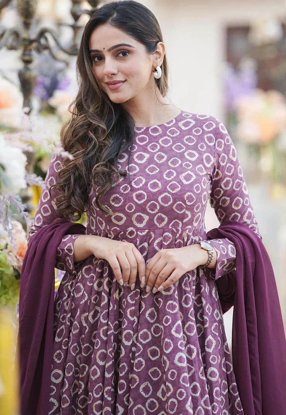 Digital Printed Cotton Silk Aline Suit in Purple