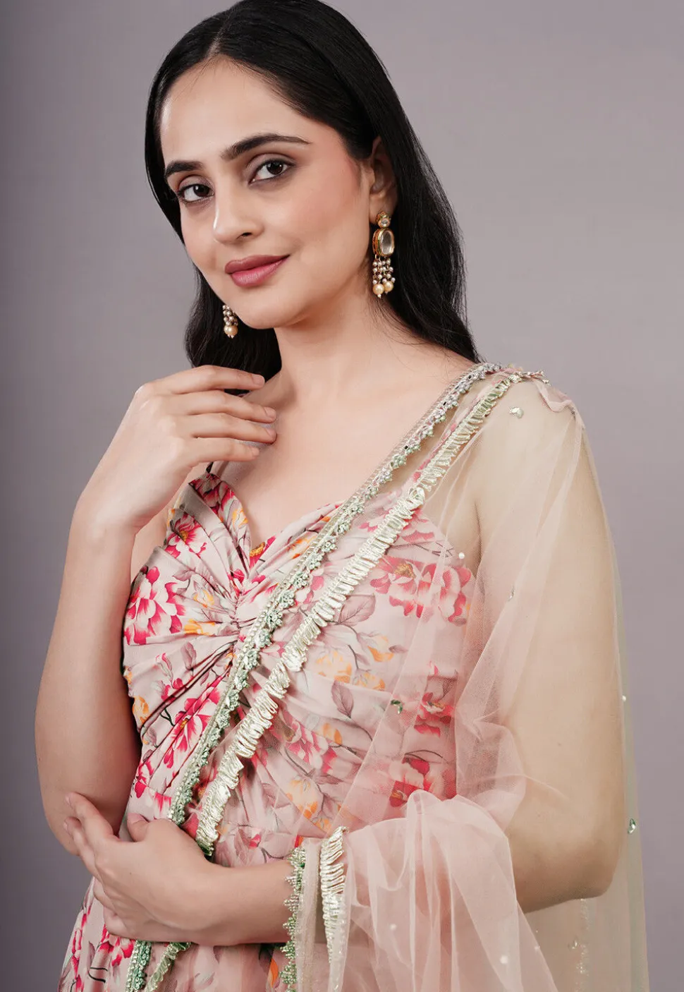 Digital Printed Cotton Silk Abaya Style Suit in Peach