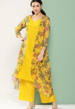 Digital Printed Cotton Silk Straight Kurta Set in Mustard