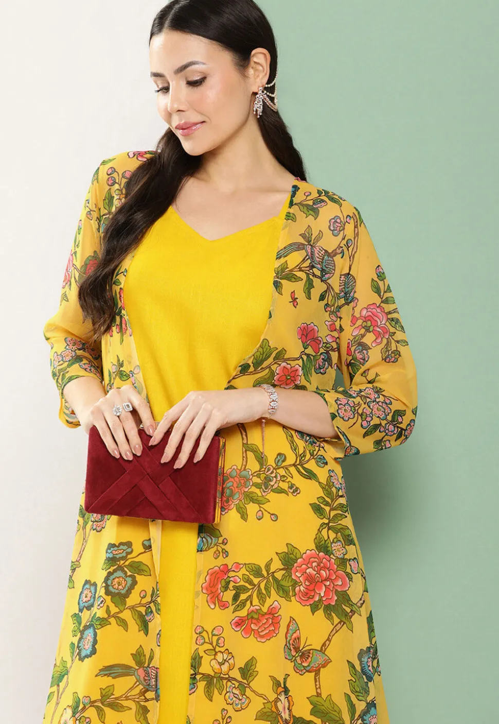 Digital Printed Cotton Silk Straight Kurta Set in Mustard