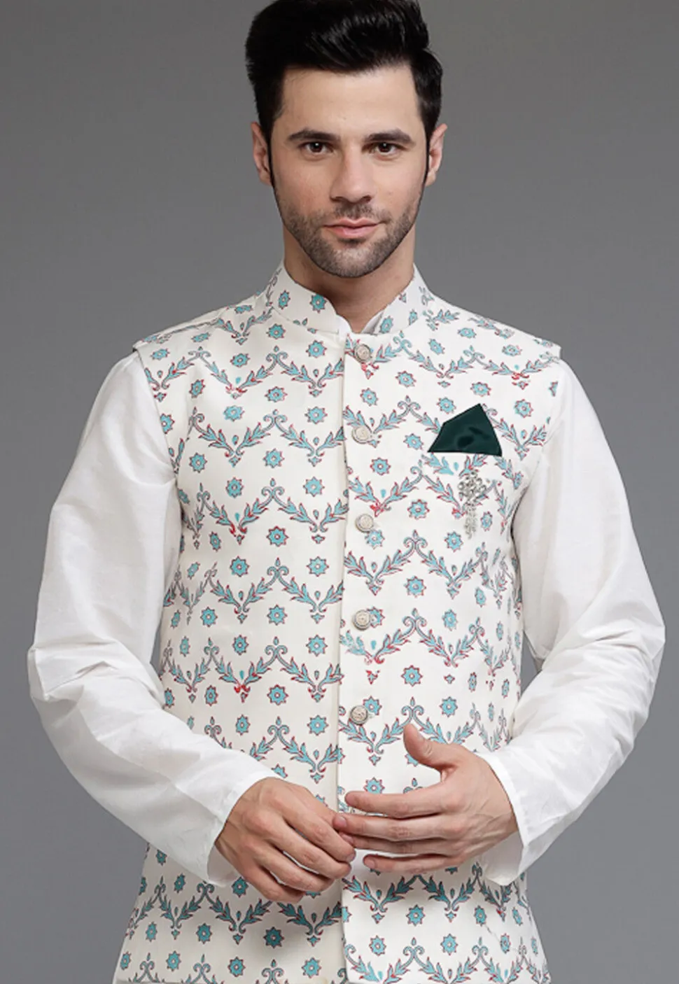 Digital Printed Cotton Silk Nehru Jacket in Off White