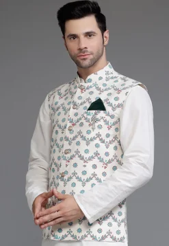 Digital Printed Cotton Silk Nehru Jacket in Off White