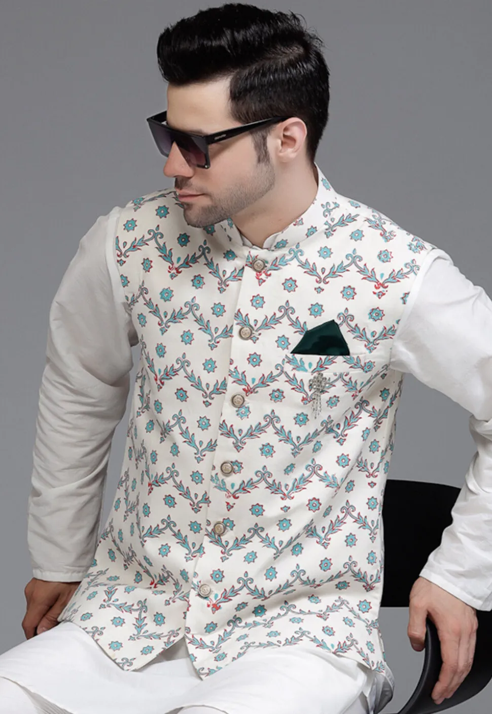 Digital Printed Cotton Silk Nehru Jacket in Off White