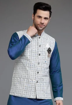 Digital Printed Cotton Silk Nehru Jacket in Off White