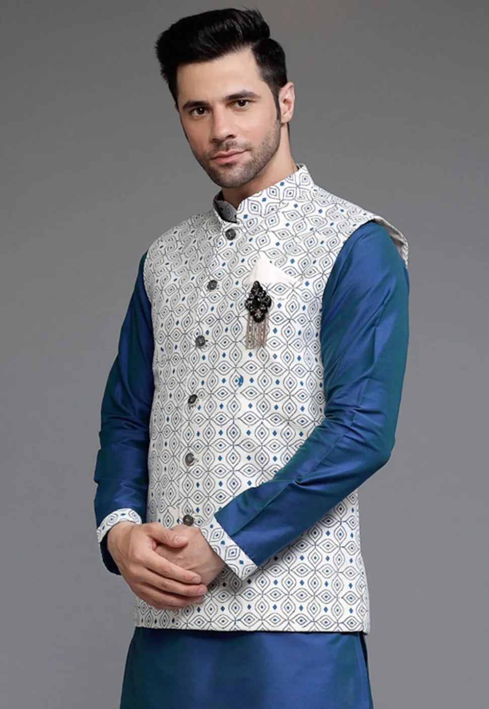 Digital Printed Cotton Silk Nehru Jacket in Off White