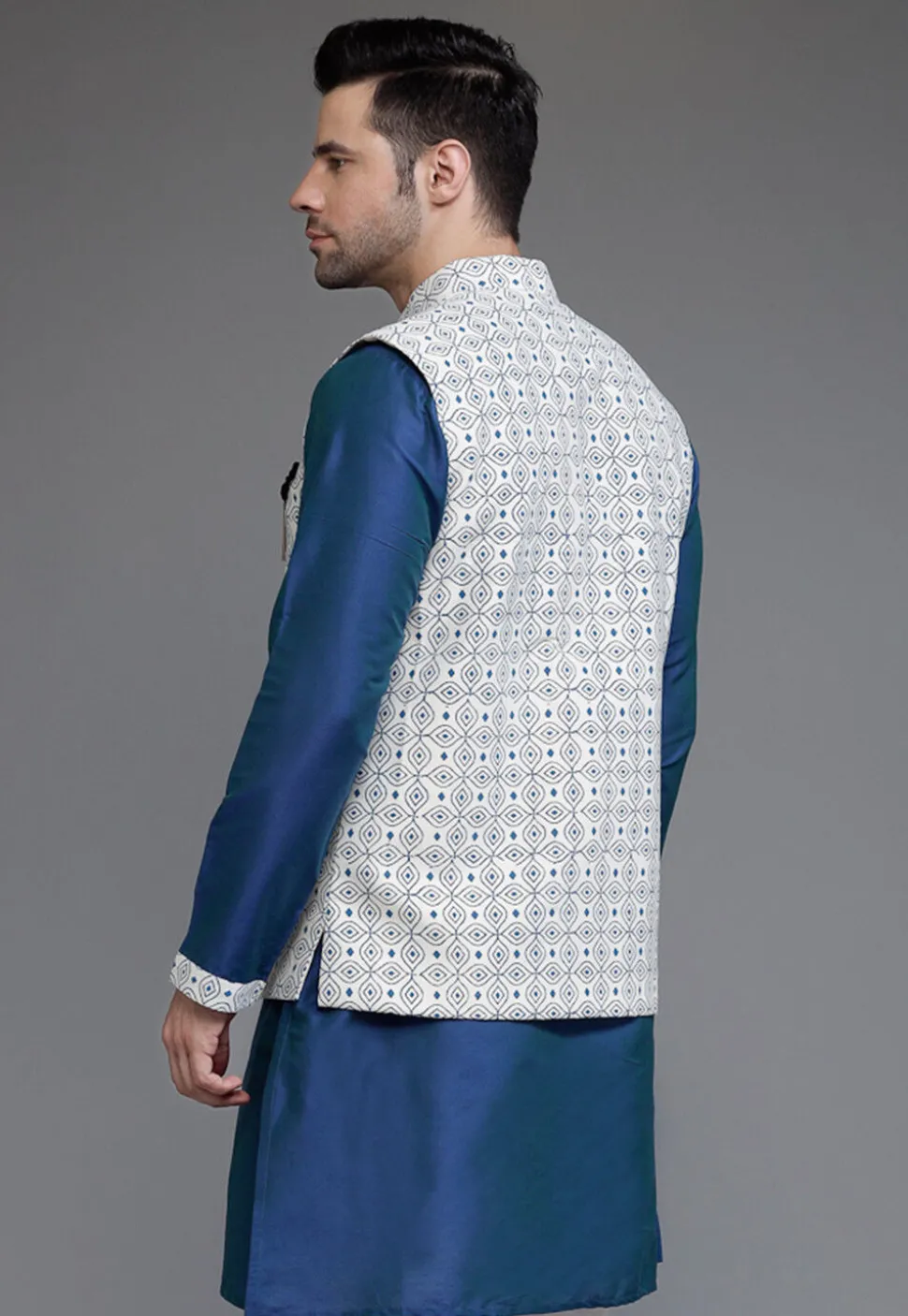 Digital Printed Cotton Silk Nehru Jacket in Off White