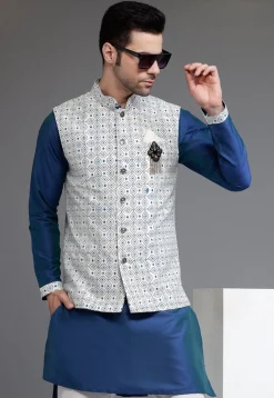 Digital Printed Cotton Silk Nehru Jacket in Off White