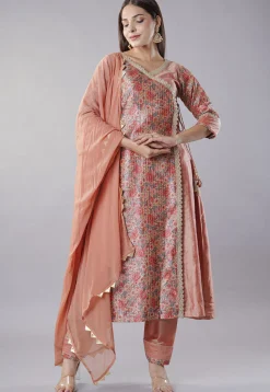 Digital Printed Cotton Silk and Raw Silk Aline Suit in Peach