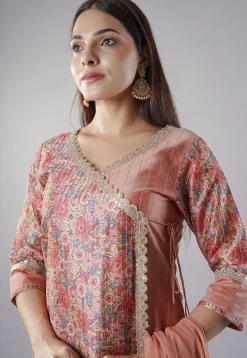 Digital Printed Cotton Silk and Raw Silk Aline Suit in Peach