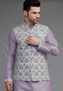 Digital Printed Cotton Silk Nehru Jacket in Grey