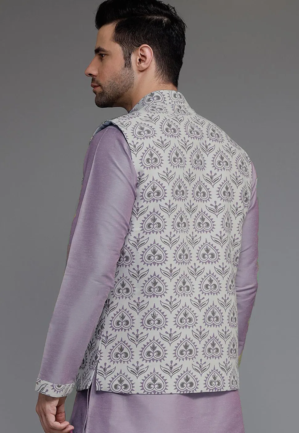 Digital Printed Cotton Silk Nehru Jacket in Grey