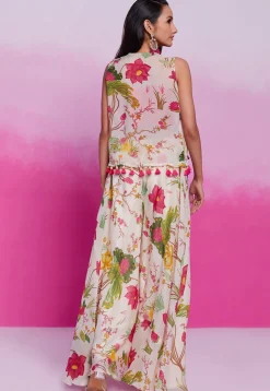 Digital Printed Cotton Silk Crop Top Set in Pink