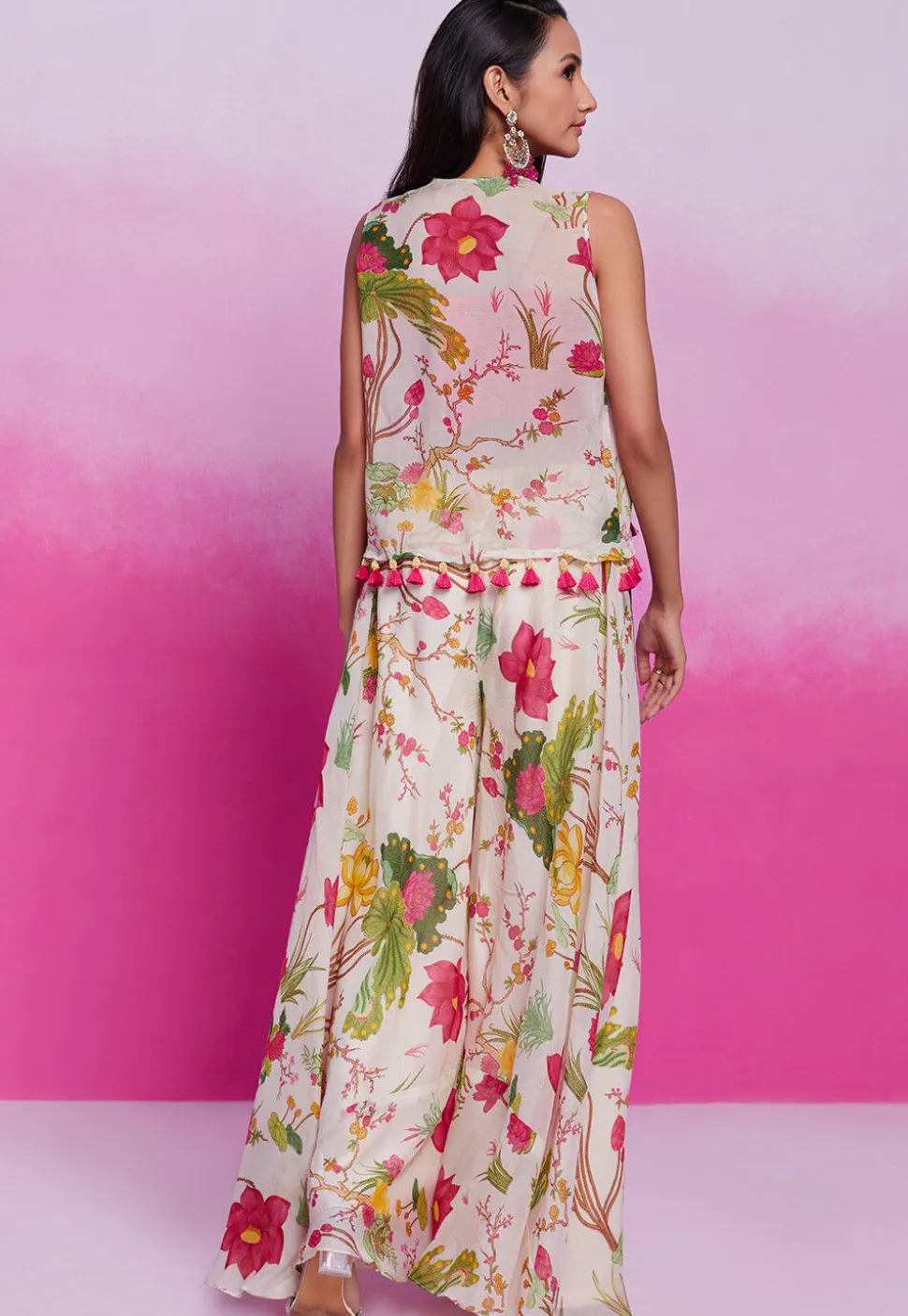Digital Printed Cotton Silk Crop Top Set in Pink