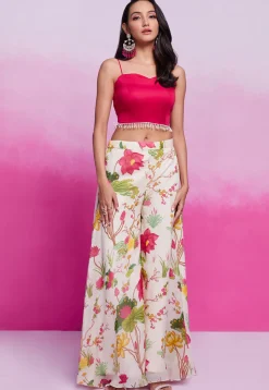 Digital Printed Cotton Silk Crop Top Set in Pink
