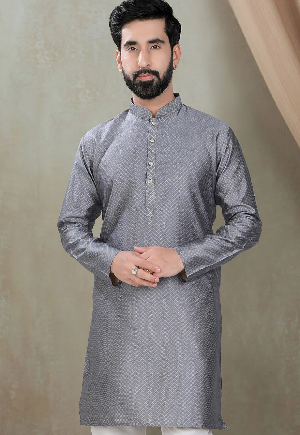 Digital Printed Cotton Silk Kurta in Grey