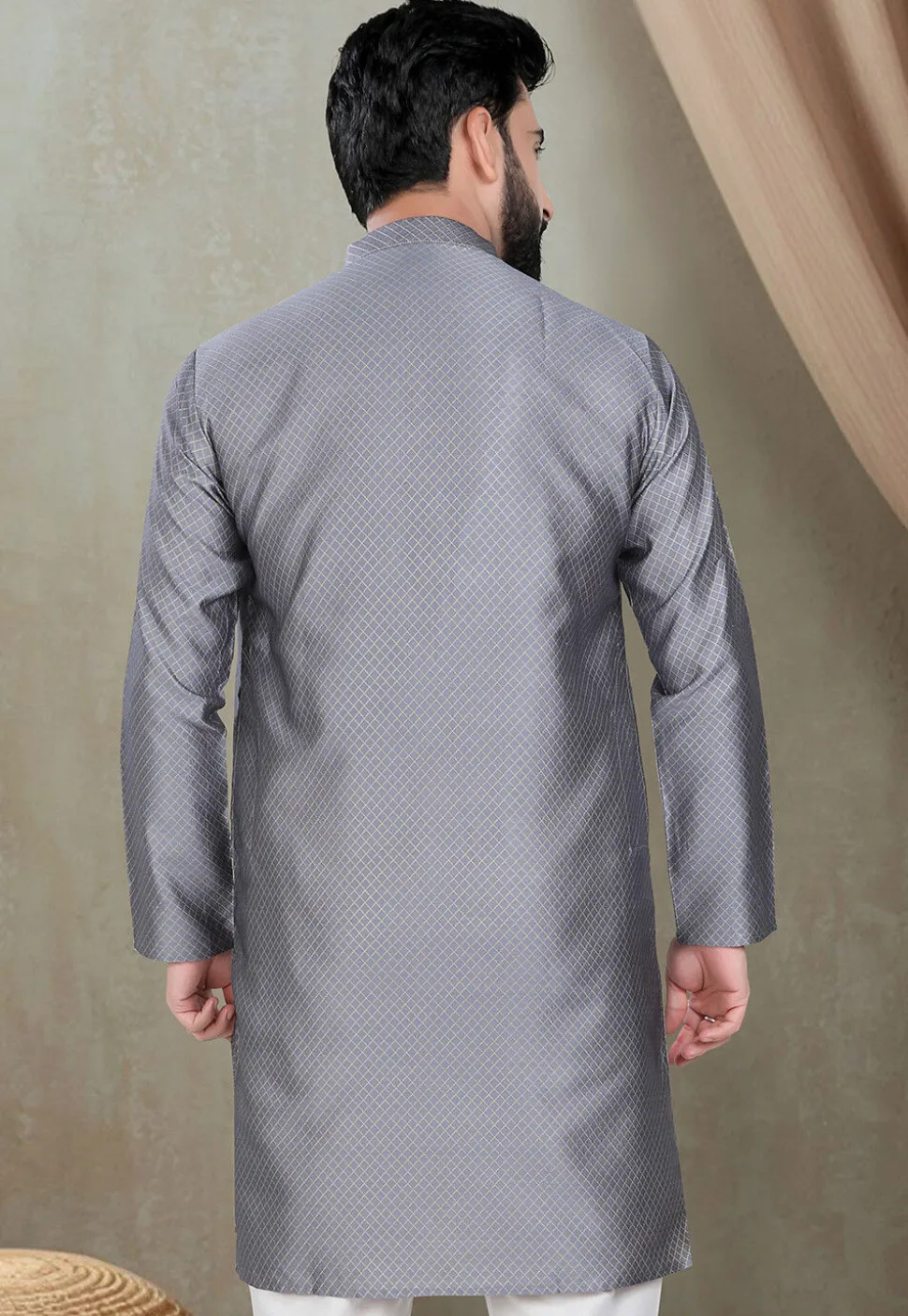 Digital Printed Cotton Silk Kurta in Grey