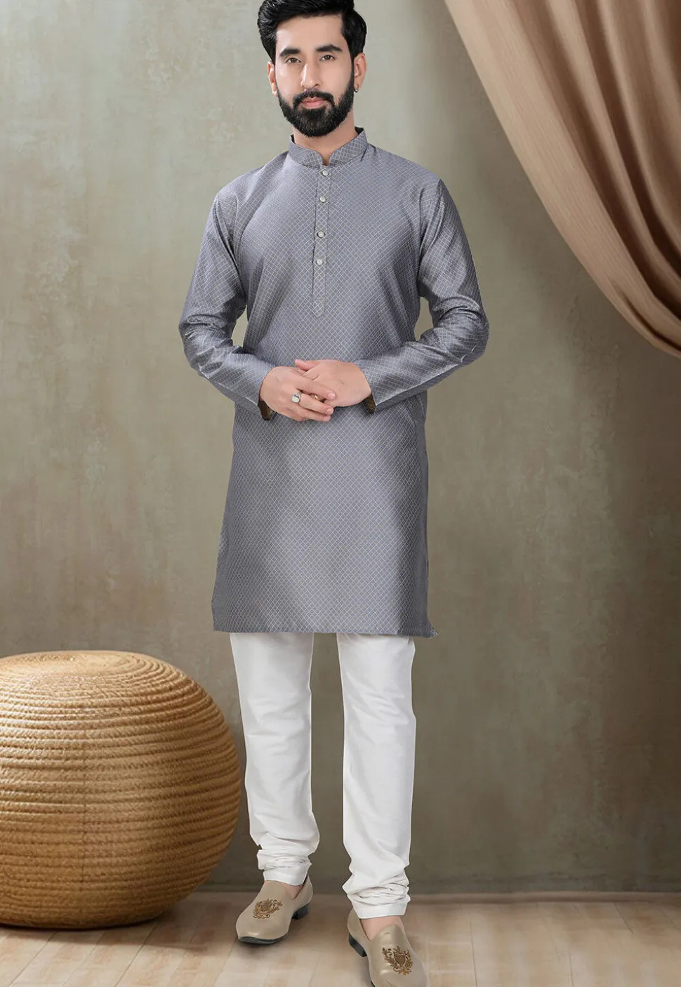 Digital Printed Cotton Silk Kurta in Grey