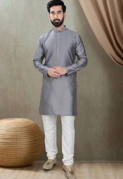 Digital Printed Cotton Silk Kurta Set in Grey