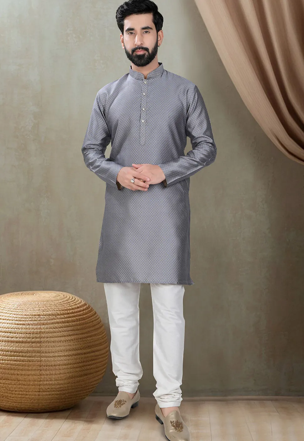 Digital Printed Cotton Silk Kurta Set in Grey
