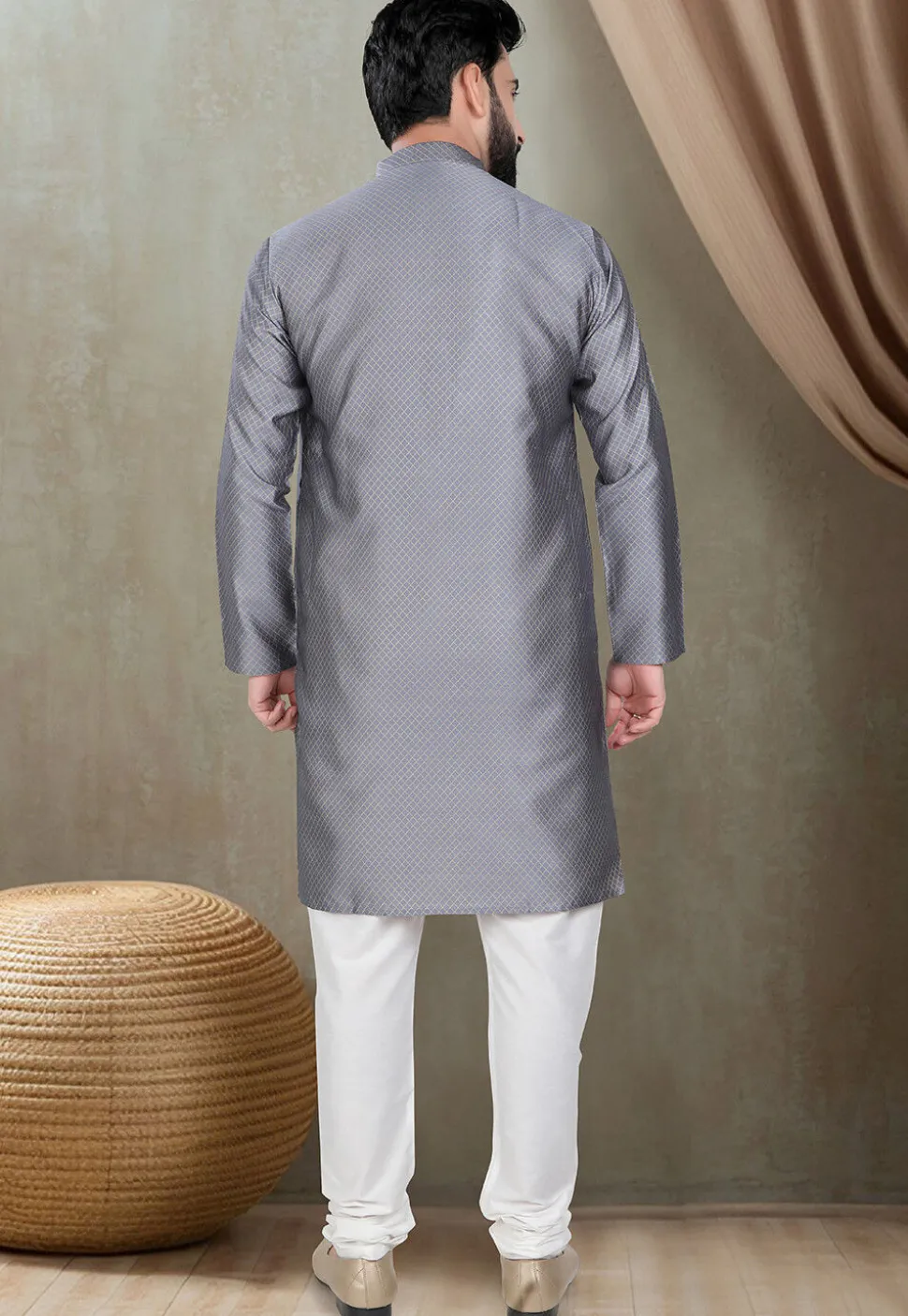 Digital Printed Cotton Silk Kurta Set in Grey