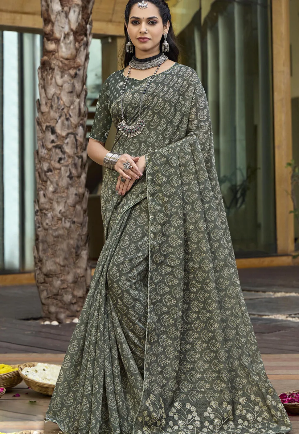 Digital Printed Cotton Silk Saree in Dusty Green