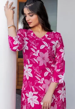 Digital Printed Cotton Slub Straight Kurta Set in Fuchsia