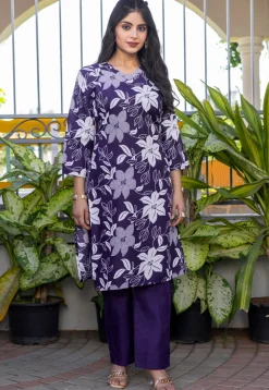 Digital Printed Cotton Slub Straight Kurta Set in Purple