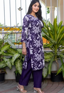 Digital Printed Cotton Slub Straight Kurta Set in Purple