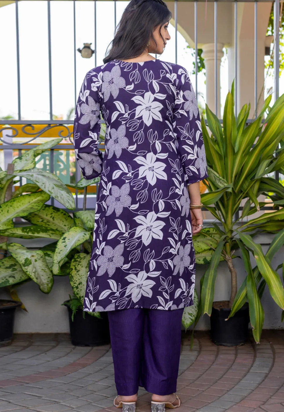 Digital Printed Cotton Slub Straight Kurta Set in Purple