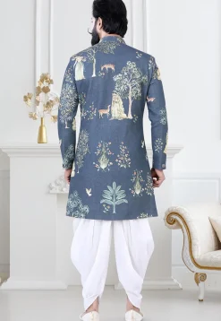 Digital Printed Cotton Slub Sherwani in Blue