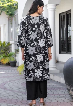 Digital Printed Cotton Slub Straight Kurta Set in Black