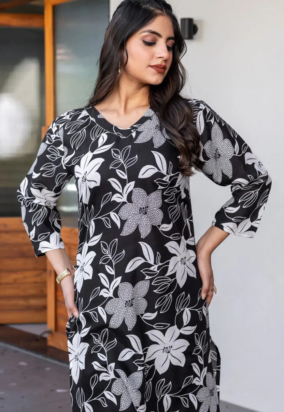 Digital Printed Cotton Slub Straight Kurta Set in Black