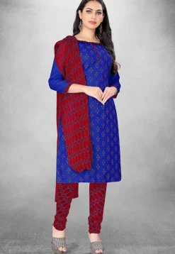 Digital Printed Cotton Slub Straight Suit in Royal Blue