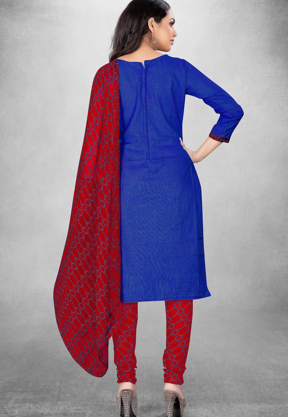 Digital Printed Cotton Slub Straight Suit in Royal Blue