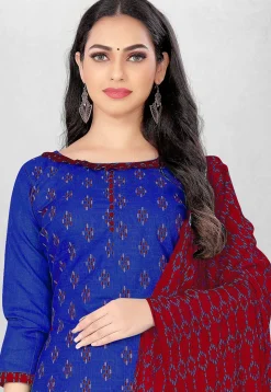 Digital Printed Cotton Slub Straight Suit in Royal Blue