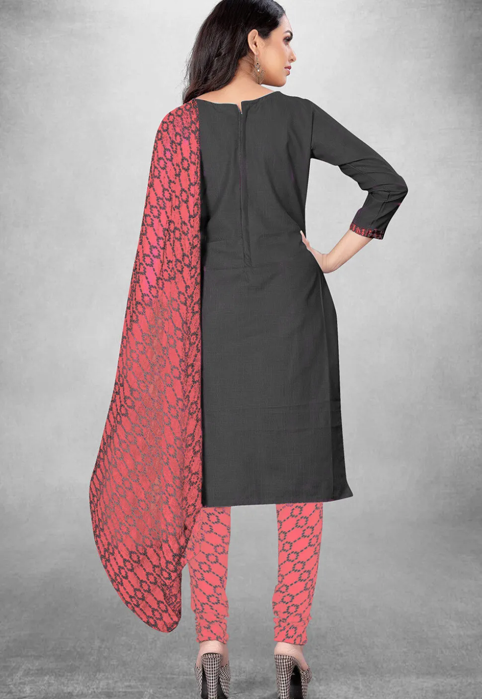 Digital Printed Cotton Slub Straight Suit in Dark Grey