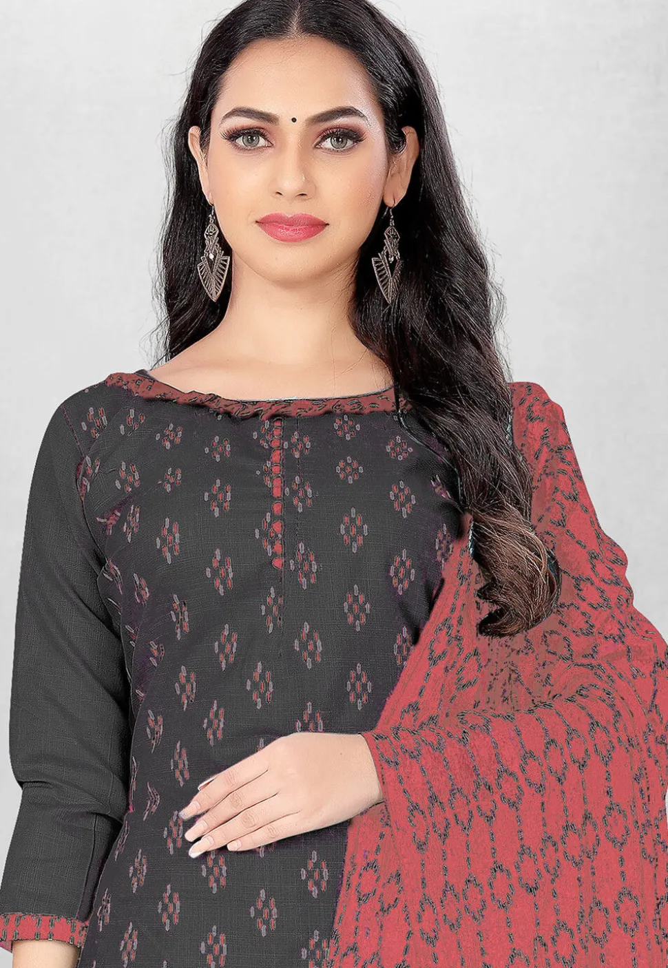 Digital Printed Cotton Slub Straight Suit in Dark Grey