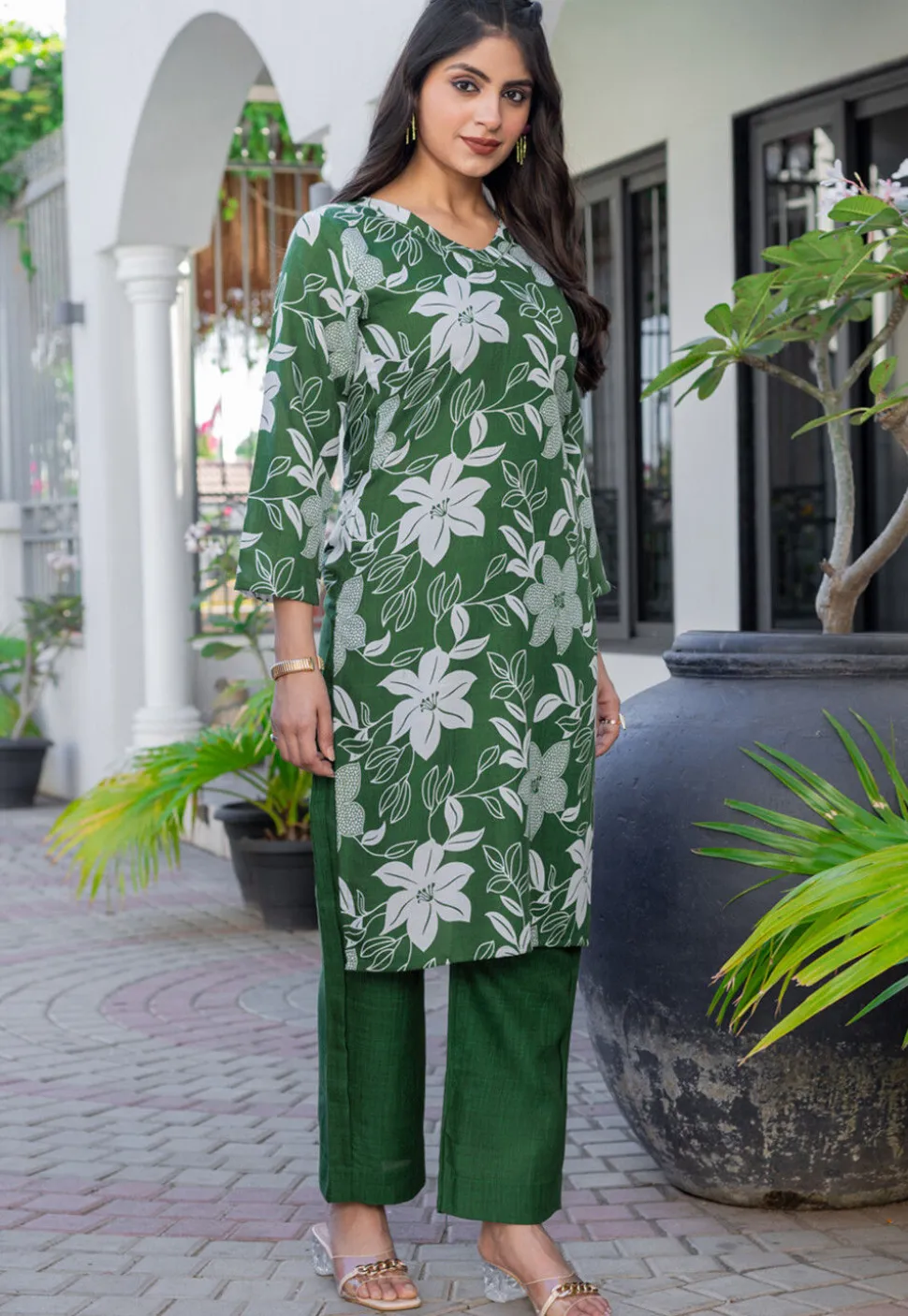 Digital Printed Cotton Slub Straight Kurta Set in Green