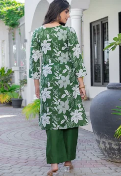 Digital Printed Cotton Slub Straight Kurta Set in Green