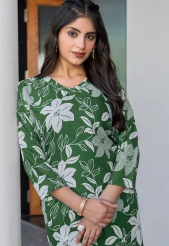 Digital Printed Cotton Slub Straight Kurta Set in Green