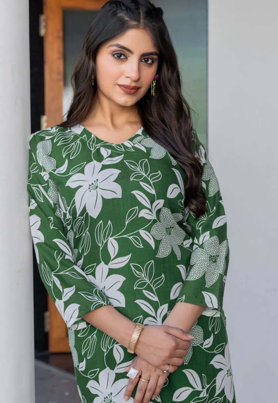 Digital Printed Cotton Slub Straight Kurta Set in Green