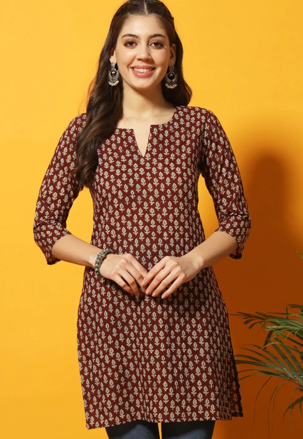 Digital Printed Cotton Straight Kurti in Maroon