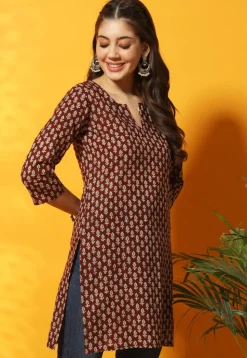 Digital Printed Cotton Straight Kurti in Maroon