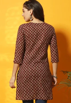 Digital Printed Cotton Straight Kurti in Maroon