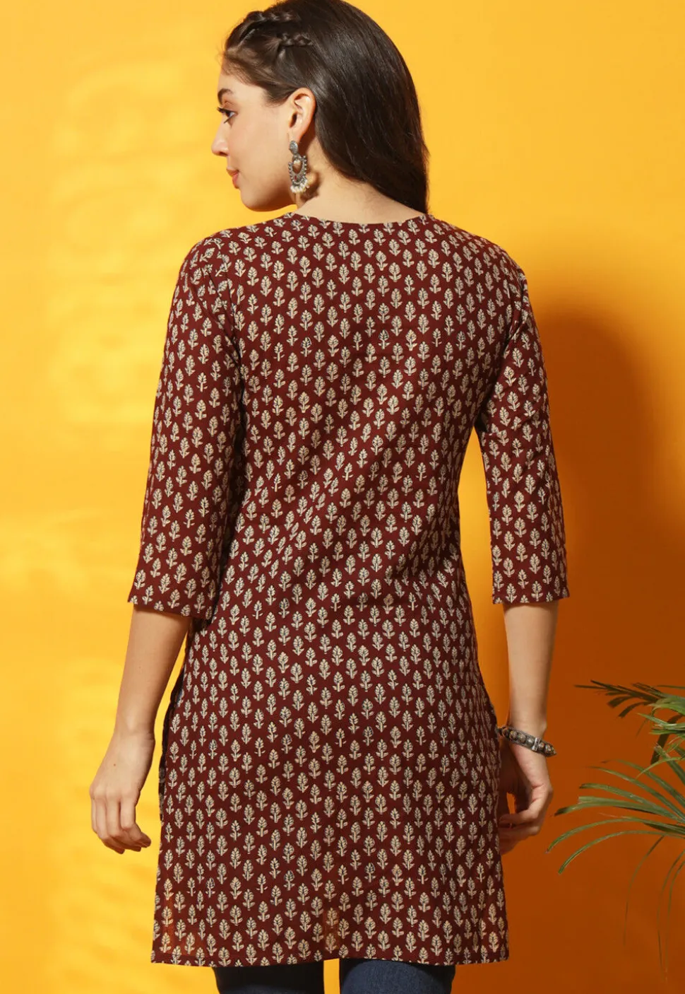Digital Printed Cotton Straight Kurti in Maroon