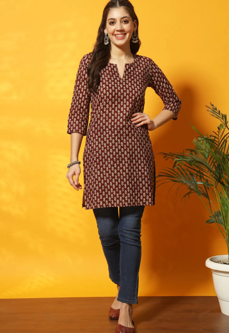 Digital Printed Cotton Straight Kurti in Maroon