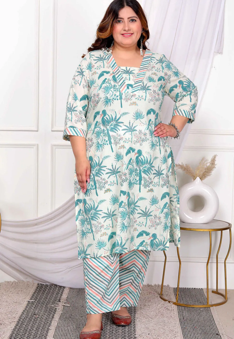 Digital Printed Cotton Straight Kurta Set in Off White