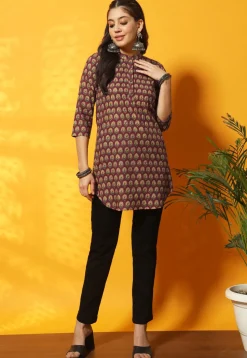 Digital Printed Cotton Straight Kurti in Maroon