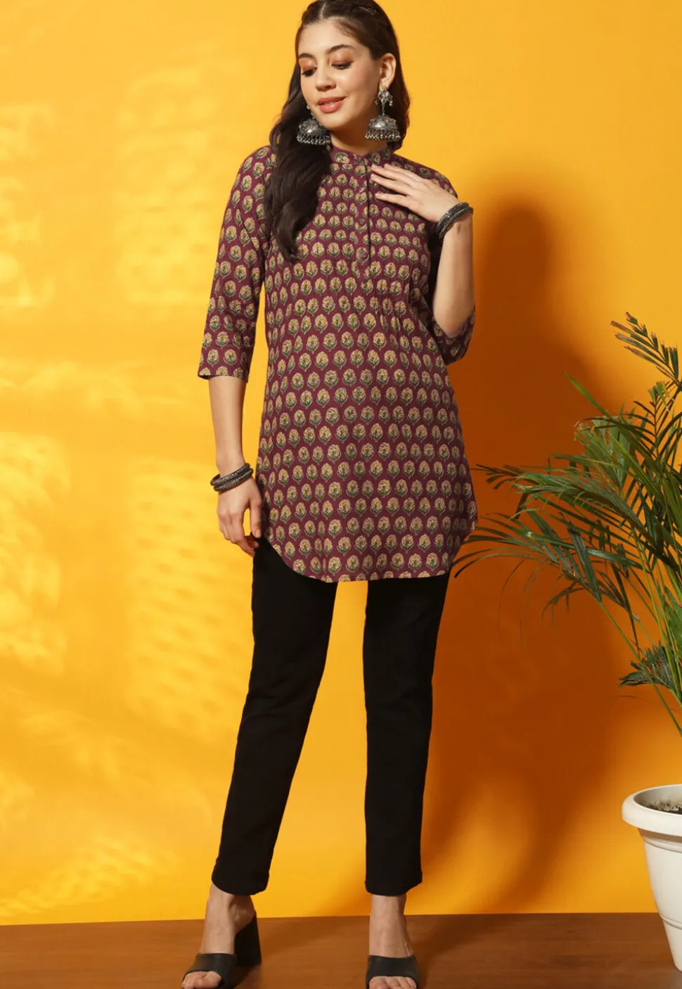 Digital Printed Cotton Straight Kurti in Maroon