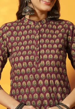 Digital Printed Cotton Straight Kurti in Maroon